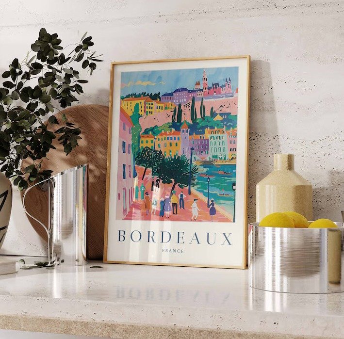 Bordeaux travel poster on a kitchen mantel