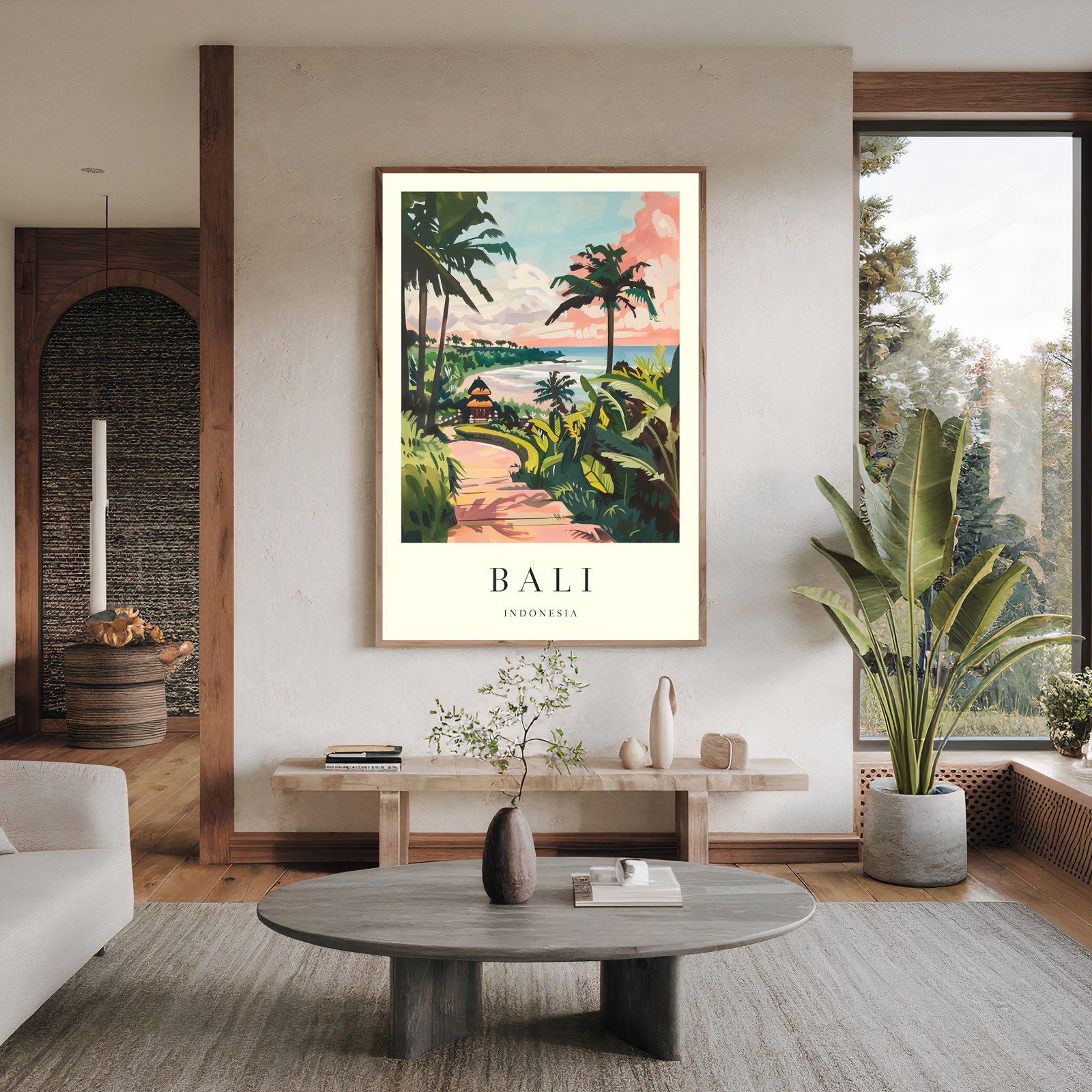 Bali travel poster styled in a sunlit living room