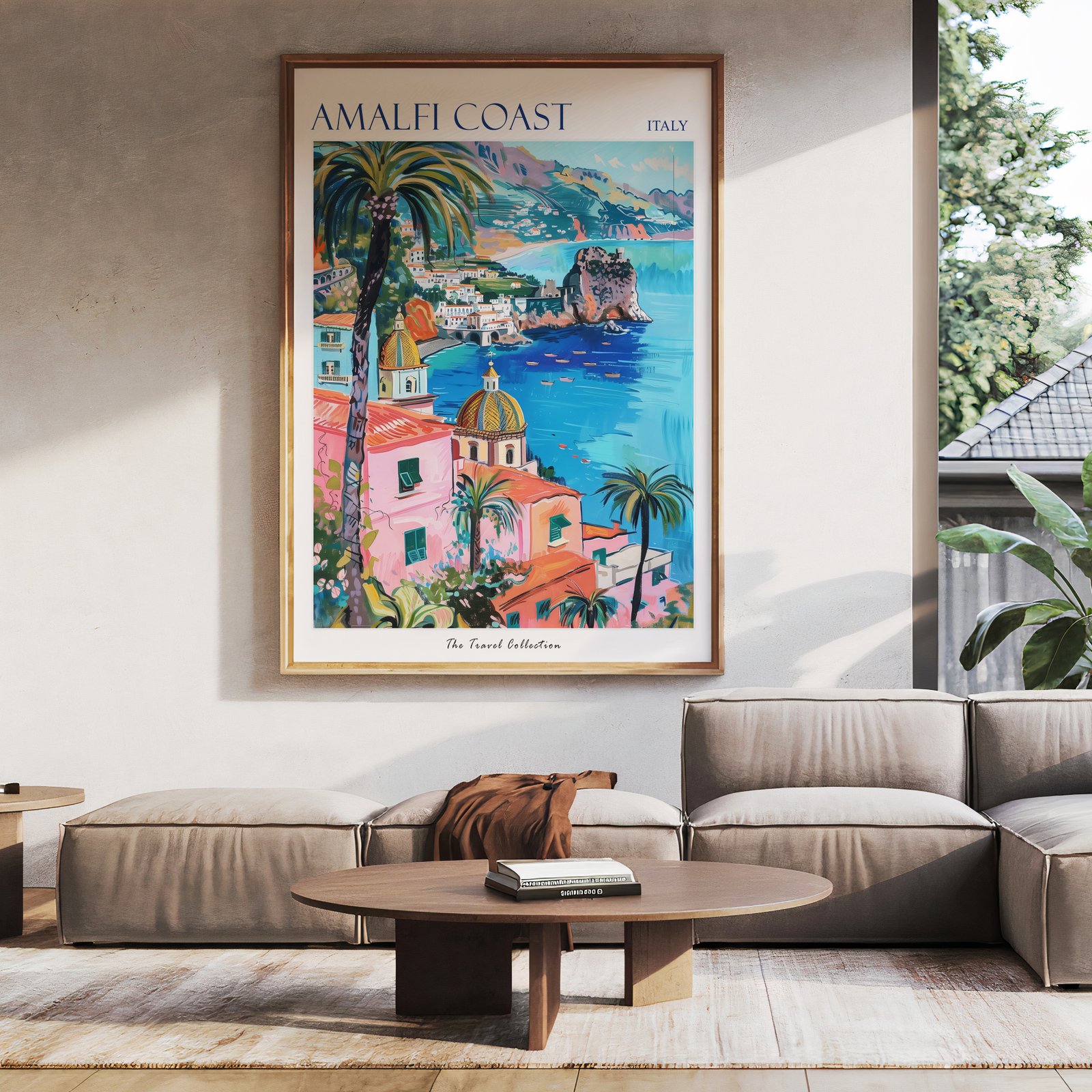Amalfi Coast travel poster above a modular sofa