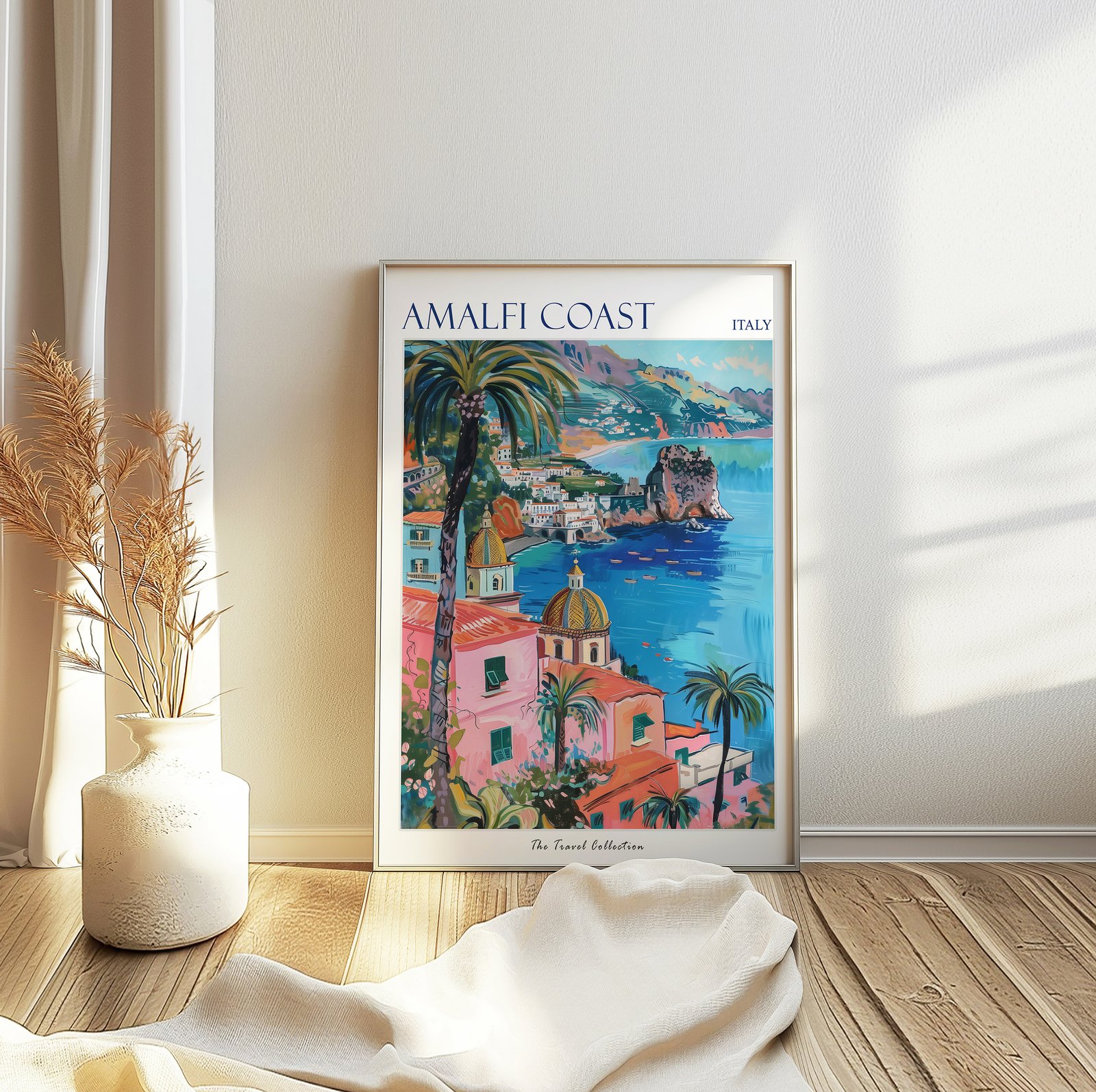 Amalfi Coast poster leaning against a wall