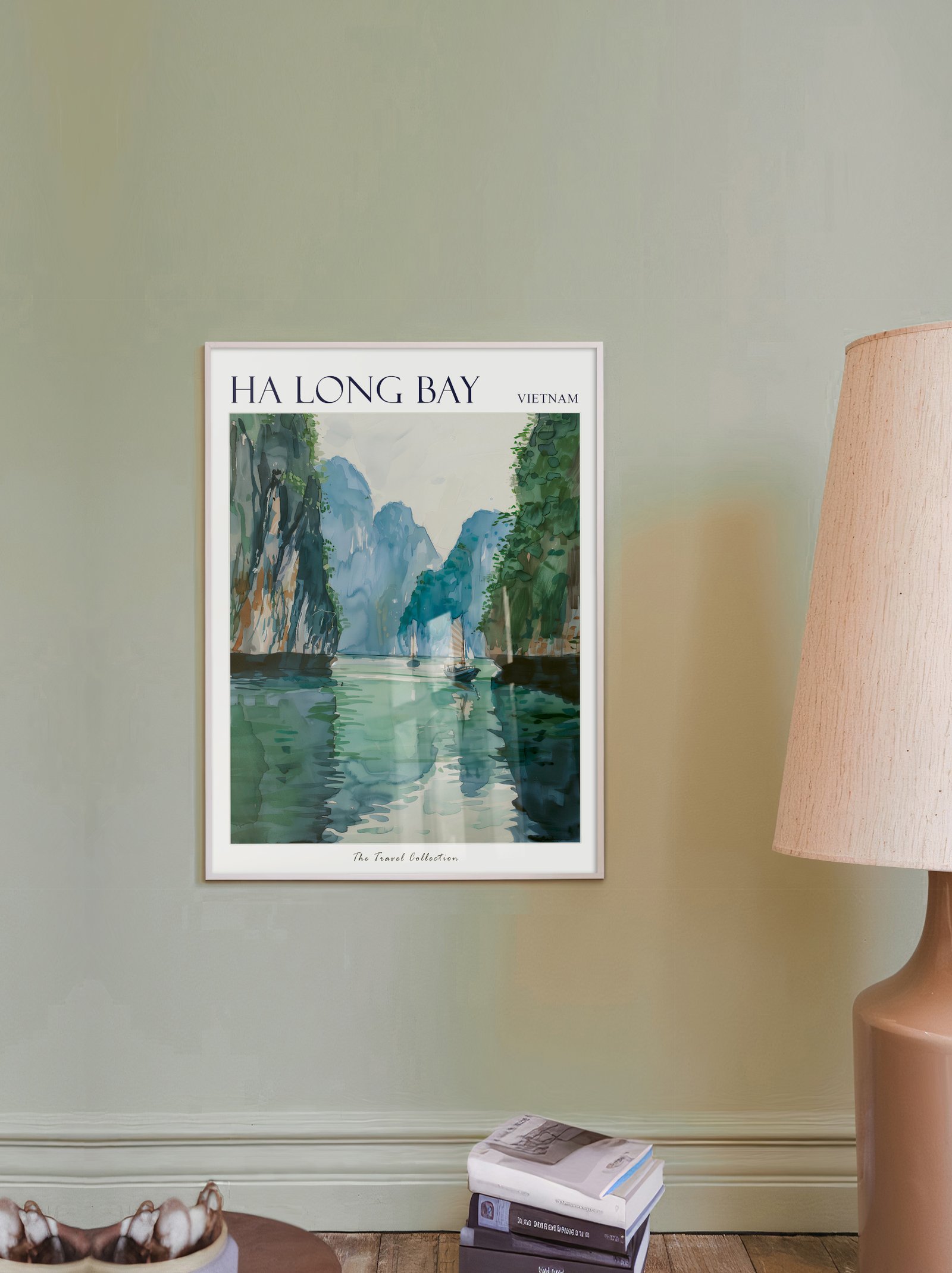 Ha Long Bay travel poster beside a lamp
