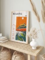 Framed Beijing travel poster showing the Forbidden City artwork in a modern interior