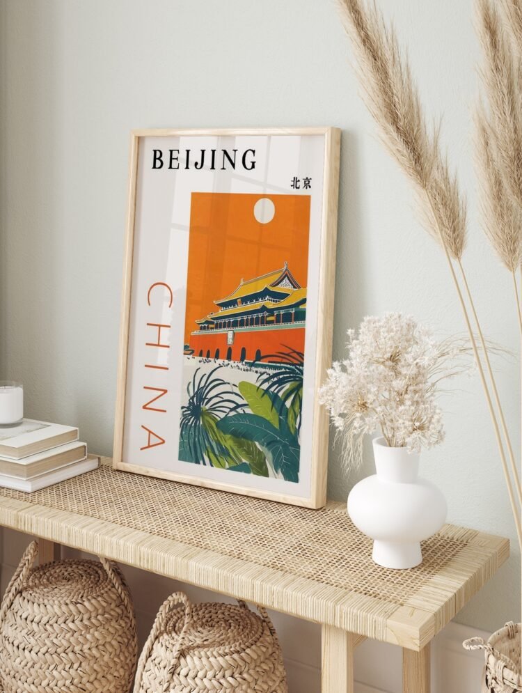 Framed Beijing travel poster showing the Forbidden City artwork in a modern interior