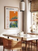 Close-up of a framed vintage Beijing poster depicting the Forbidden City's grand entrance