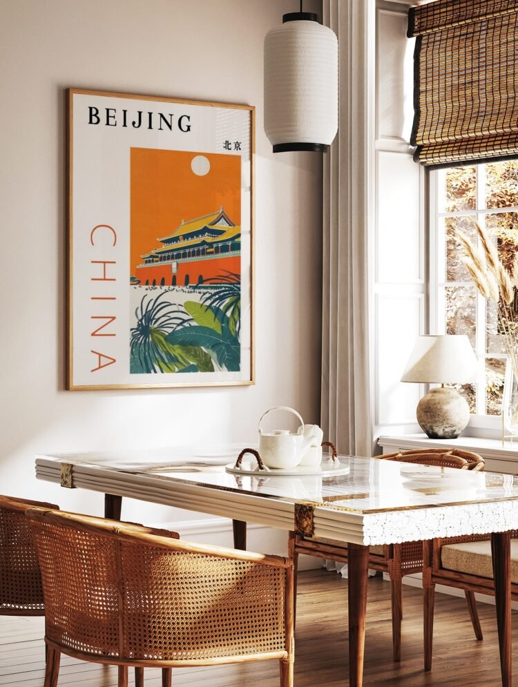Close-up of a framed vintage Beijing poster depicting the Forbidden City's grand entrance