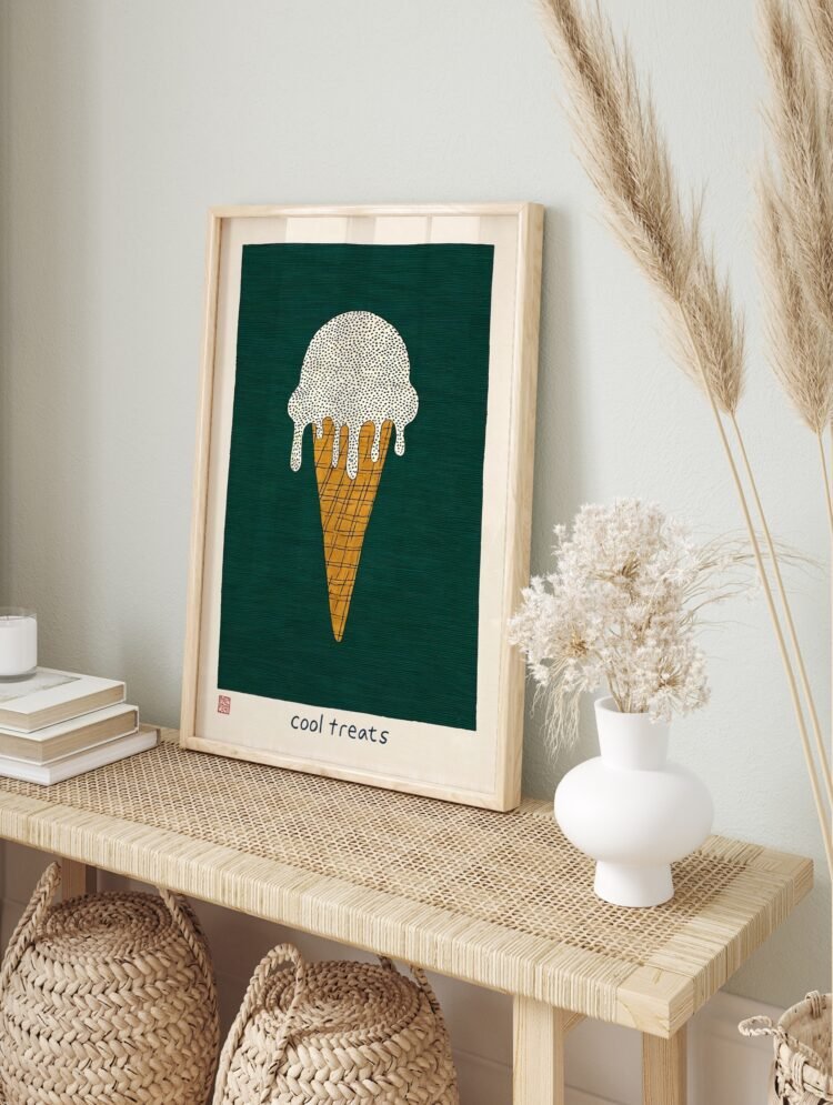 Cool Treats ice cream poster in a modern white frame, displayed on a light wall.