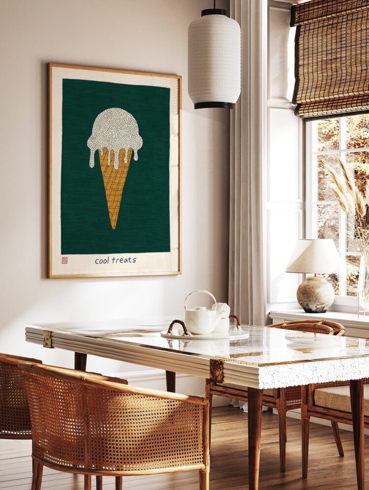 Retro ice cream art print 'Cool Treats' in a natural wood frame, adding charm to a contemporary interior.