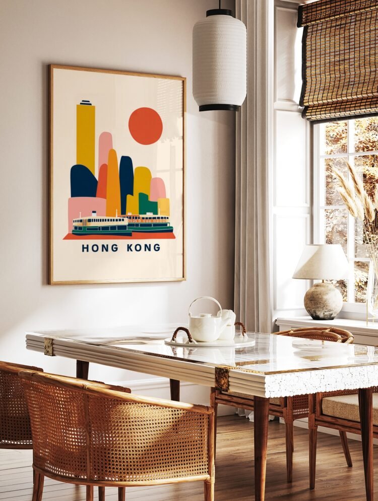 Mid-century style Hong Kong wall art print in a white frame, adding a pop of colour to a modern room.