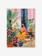 Nigeria travel poster featuring a woman in colourful attire surrounded by vibrant potted plants and pink architecture.