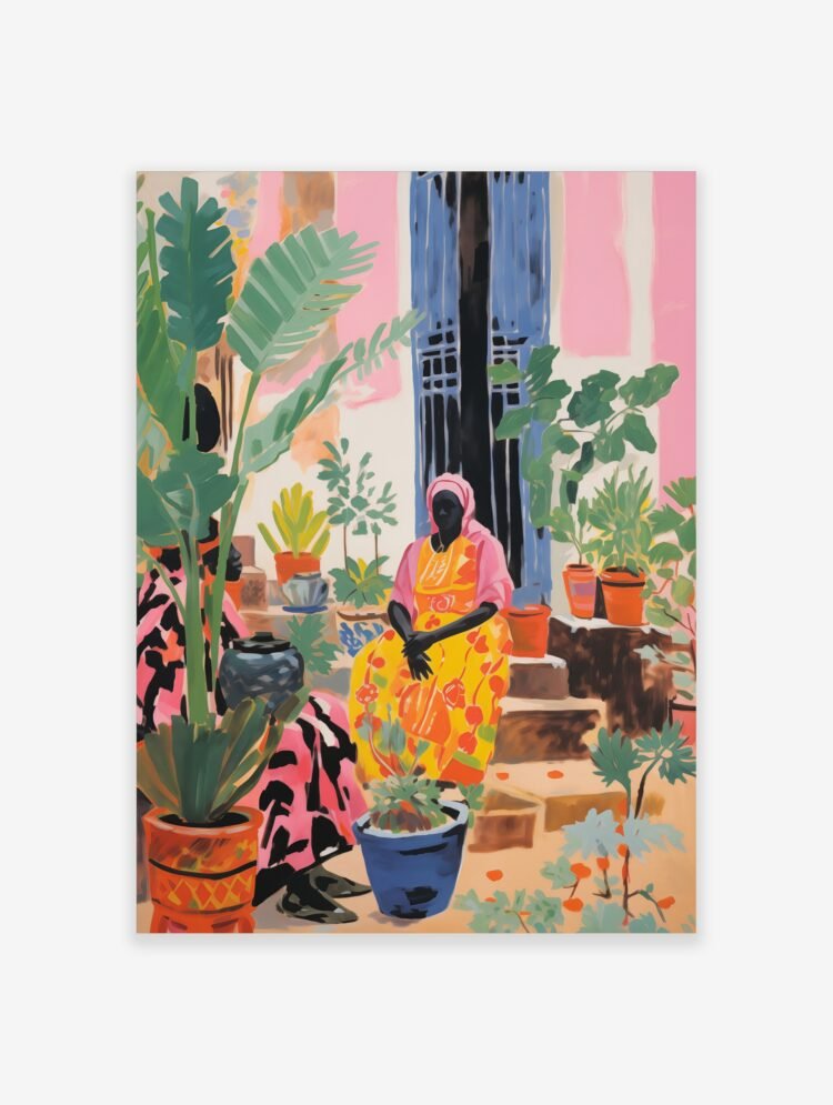 Nigeria travel poster featuring a woman in colourful attire surrounded by vibrant potted plants and pink architecture.