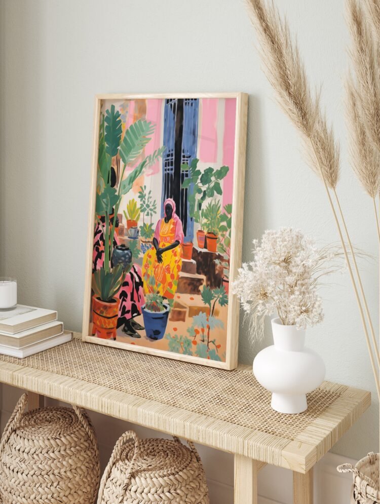 Framed Nigeria travel poster showcasing a lively street scene with a woman, plants, and blue shutters.