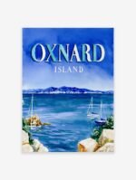 Vintage Oxnard Island travel poster showing a blue watercolour seascape with sailboats and distant mountains.
