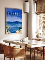 Oxnard Island vintage travel print displayed in a modern interior, showcasing its vibrant blue colours.