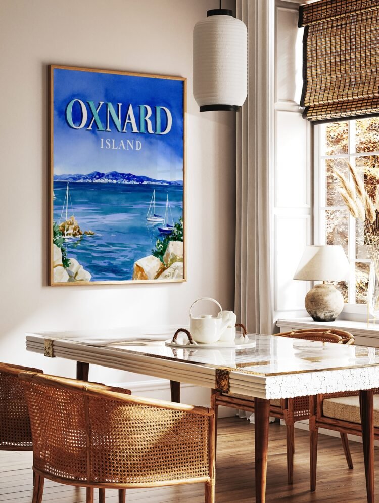 Oxnard Island vintage travel print displayed in a modern interior, showcasing its vibrant blue colours.