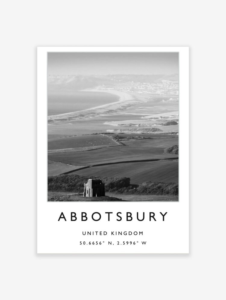 Abbotsbury travel poster showing St Catherine's Chapel, Chesil Beach, and the Dorset coast in black and white.