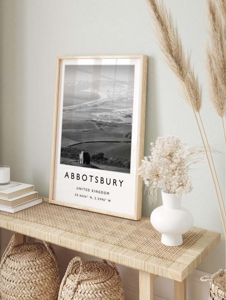 Framed Abbotsbury travel poster featuring St Catherine's Chapel, ideal for a modern home.