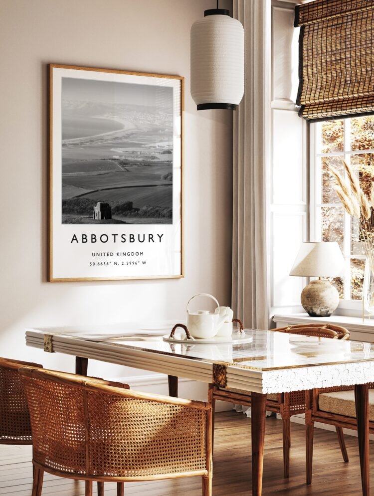 Close-up of Abbotsbury travel poster, highlighting the details of St Catherine's Chapel.