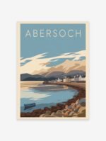 Retro illustration travel poster of Abersoch, Wales, showing a coastal village bay with a boat and mountains.