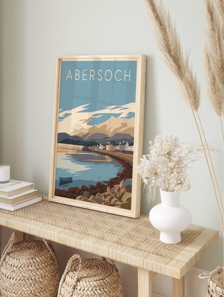 Abersoch, Wales travel poster in a thin wooden frame displayed in a modern living room.