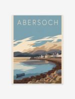 Abersoch Wales travel poster featuring a serene coastal village scene with a boat in the bay and mountains in the background, rendered in a mid-century modern illustration style.