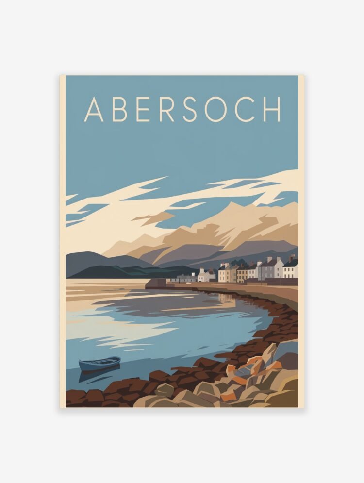 Abersoch Wales travel poster featuring a serene coastal village scene with a boat in the bay and mountains in the background, rendered in a mid-century modern illustration style.