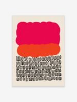 Vibrant abstract art print featuring bold pink, orange, and black shapes on a light background.