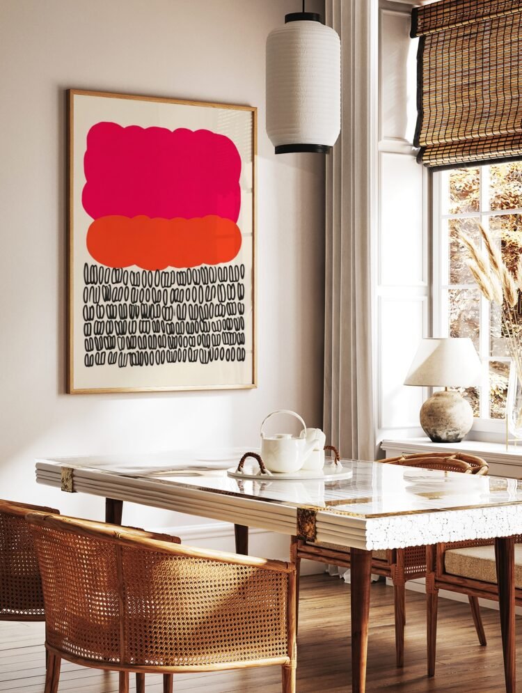 Contemporary abstract art poster with pink, orange, and black elements, displayed in a white frame.