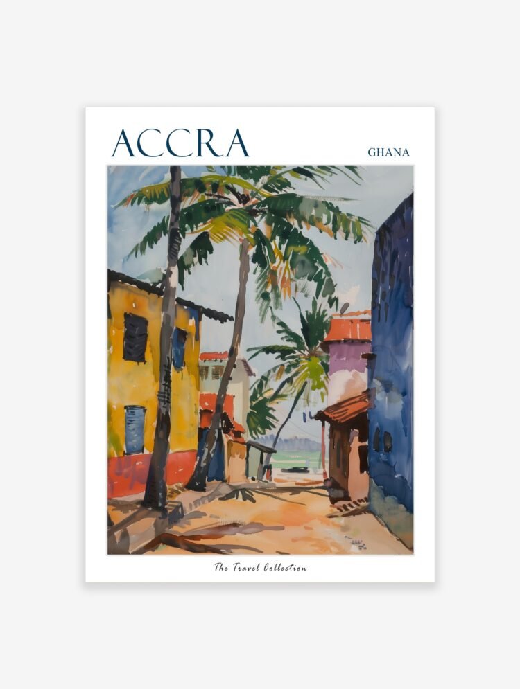 Accra Ghana travel poster with a vibrant watercolour street scene and palm trees