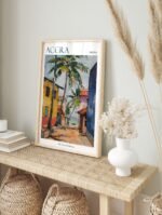 Framed Accra Ghana watercolour travel poster displayed in a modern living room setting (sh-frame-1)