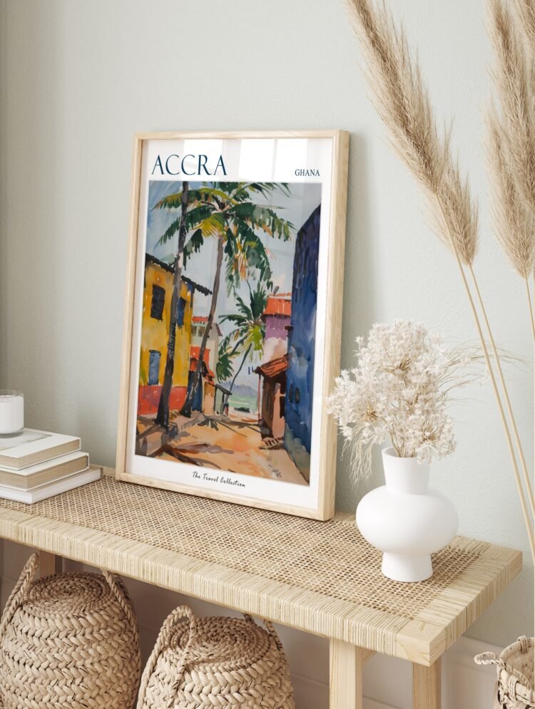 Framed Accra Ghana watercolour travel poster displayed in a modern living room setting (sh-frame-1)