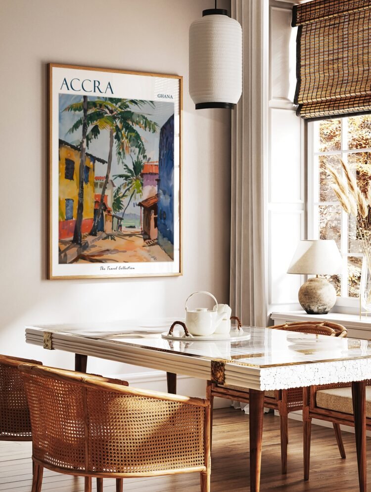 Accra Ghana vibrant street scene travel poster with a white frame in a bright, minimalist interior (sh-frame-5)