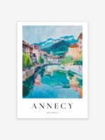 Vibrant watercolour illustration of Annecy Old Town Canal with colourful buildings and mountains.