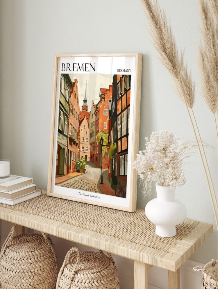 Bremen Germany travel poster in a simple black frame, displayed in a modern living room setting.