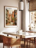 Bremen Germany travel poster in a sleek white frame, enhancing a minimalist interior wall.