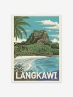 Langkawi travel poster featuring a tropical beach with turquoise water, palm trees, and a large green mountain under a blue sky.