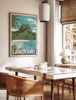 Langkawi travel poster with a tropical island scene, unframed and leaned against a wall in a minimalist interior.