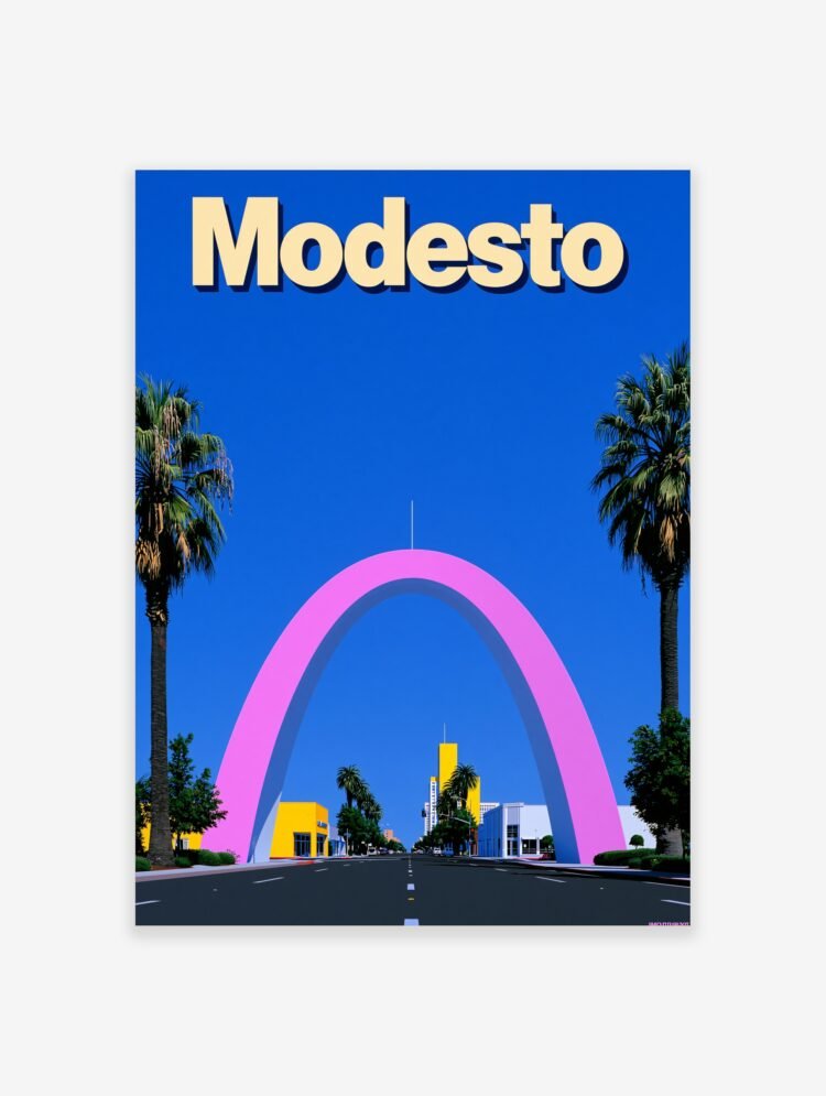 Vintage Modesto travel poster showing the pink Modesto Arch against a bright blue sky, flanked by palm trees.