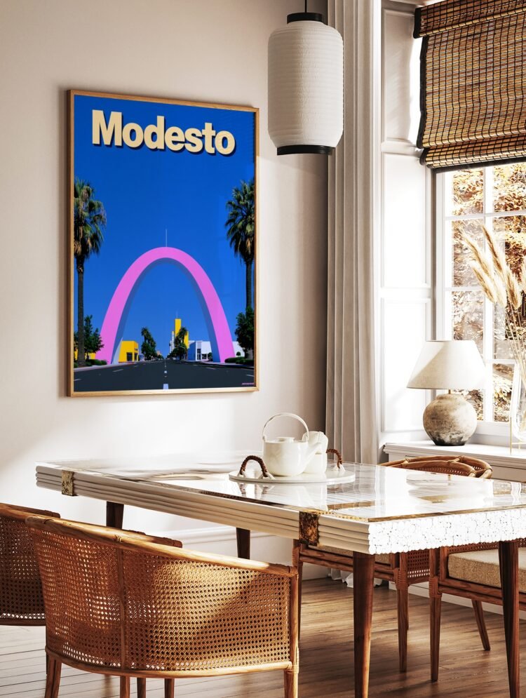 Modesto California travel poster in a modern white frame, highlighting the retro city scene with a pink arch and yellow buildings.