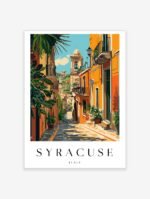 Vintage Syracuse Italy travel poster depicting a sunny street scene in Ortigia with a prominent bell tower and orange buildings.