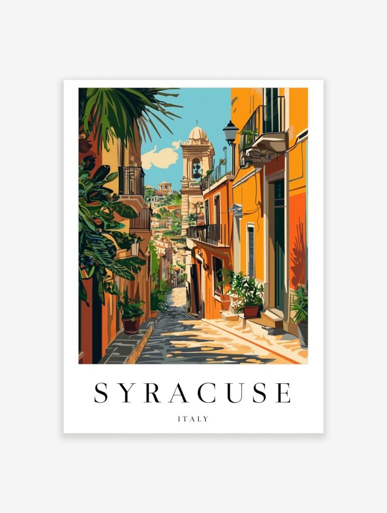 Syracuse Travel Poster | Vintage Italy Wall Art | Ortigia Bell Tower Street travel poster
