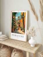 Vintage Syracuse Italy travel poster artwork showing a narrow street leading to a bell tower, vibrant orange buildings, and lush greenery.