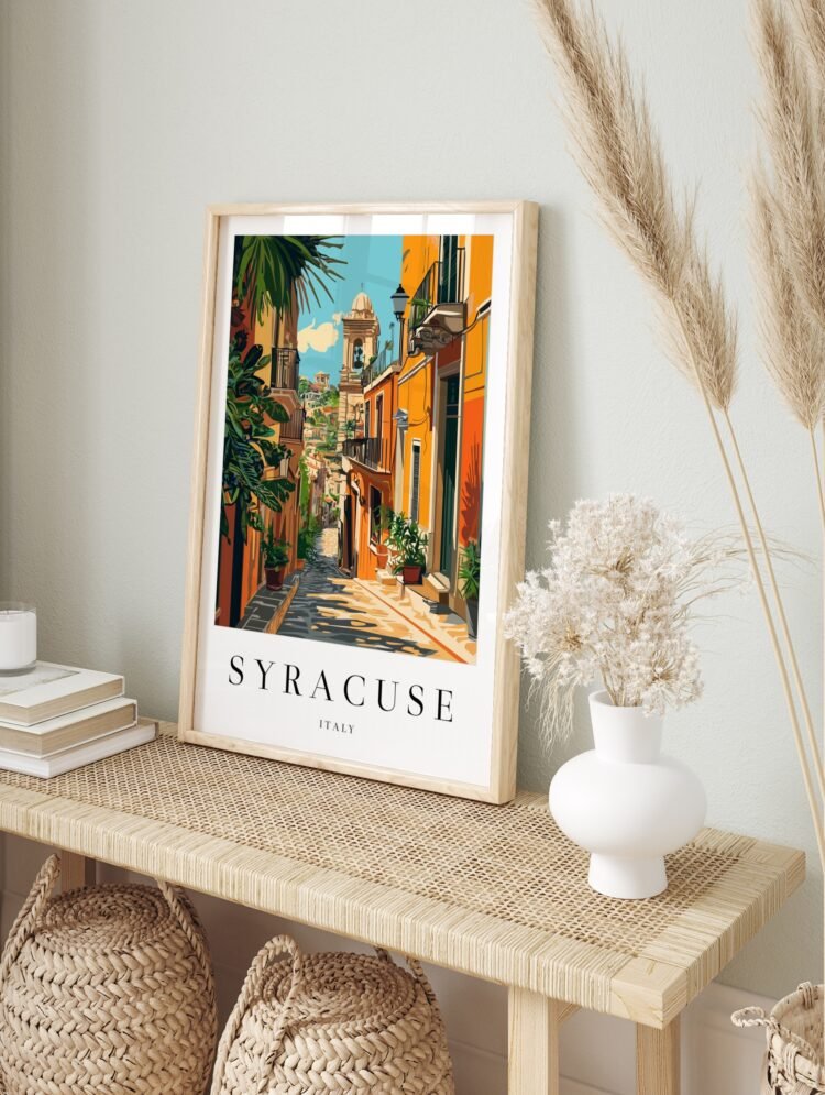 Vintage Syracuse Italy travel poster artwork showing a narrow street leading to a bell tower, vibrant orange buildings, and lush greenery.