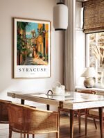 Framed Syracuse Italy vintage travel poster displayed in a modern interior, highlighting the colourful street and bell tower artwork.