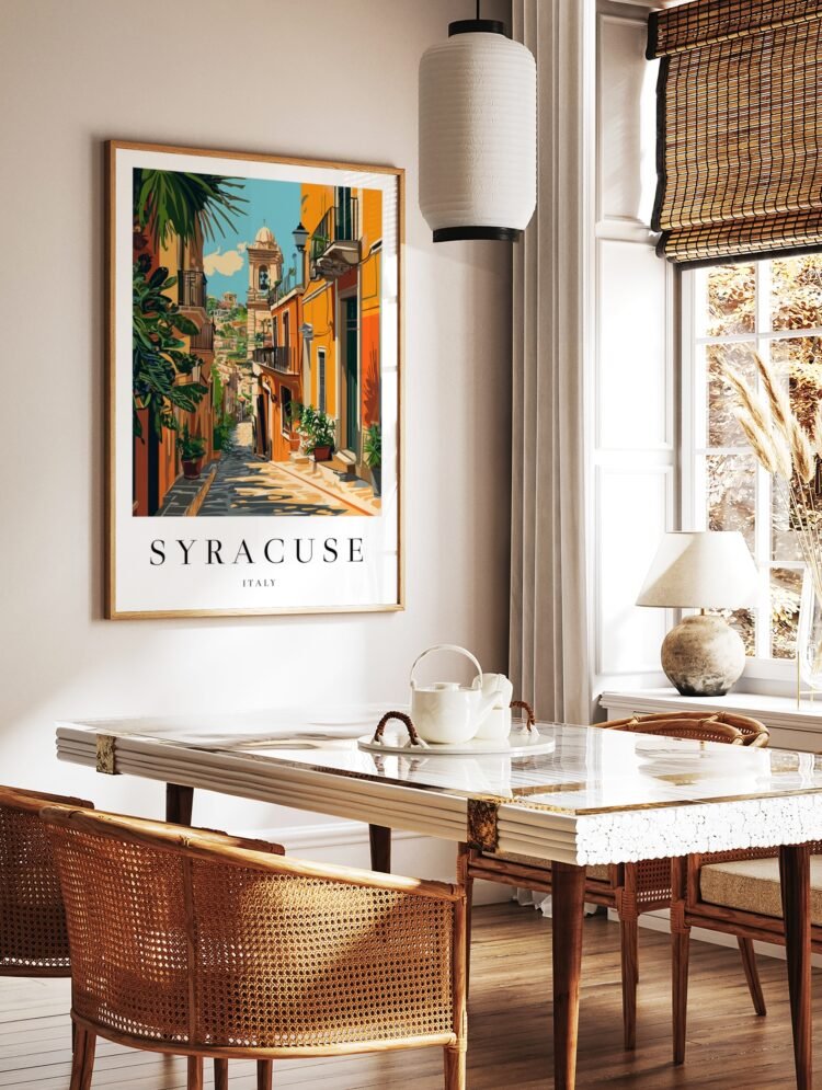 Framed Syracuse Italy vintage travel poster displayed in a modern interior, highlighting the colourful street and bell tower artwork.