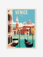 Vintage Venice Italy travel poster showing gondolas on the Grand Canal with historic buildings and the Campanile under a blue sky.