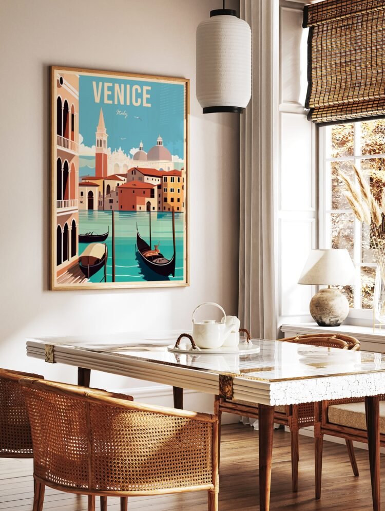 Venice Italy travel poster in a classic gold frame, hanging above a console table with decor.