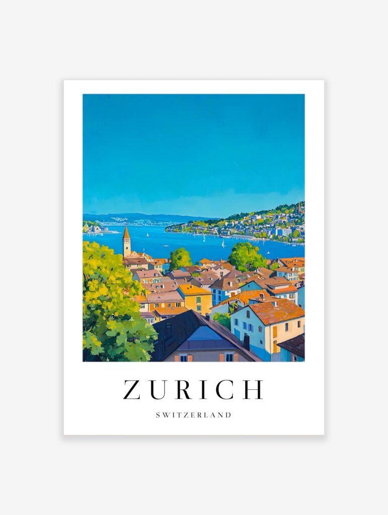 Zurich Travel Poster | Lake Zurich Cityscape travel poster