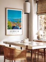 Zurich Switzerland travel poster in a light wood frame hanging above a light grey sofa in a modern living room.