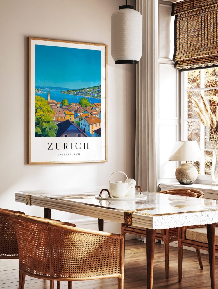Zurich Switzerland travel poster in a light wood frame hanging above a light grey sofa in a modern living room.